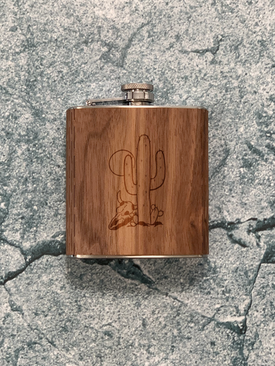 Wood flask with cactus artwork